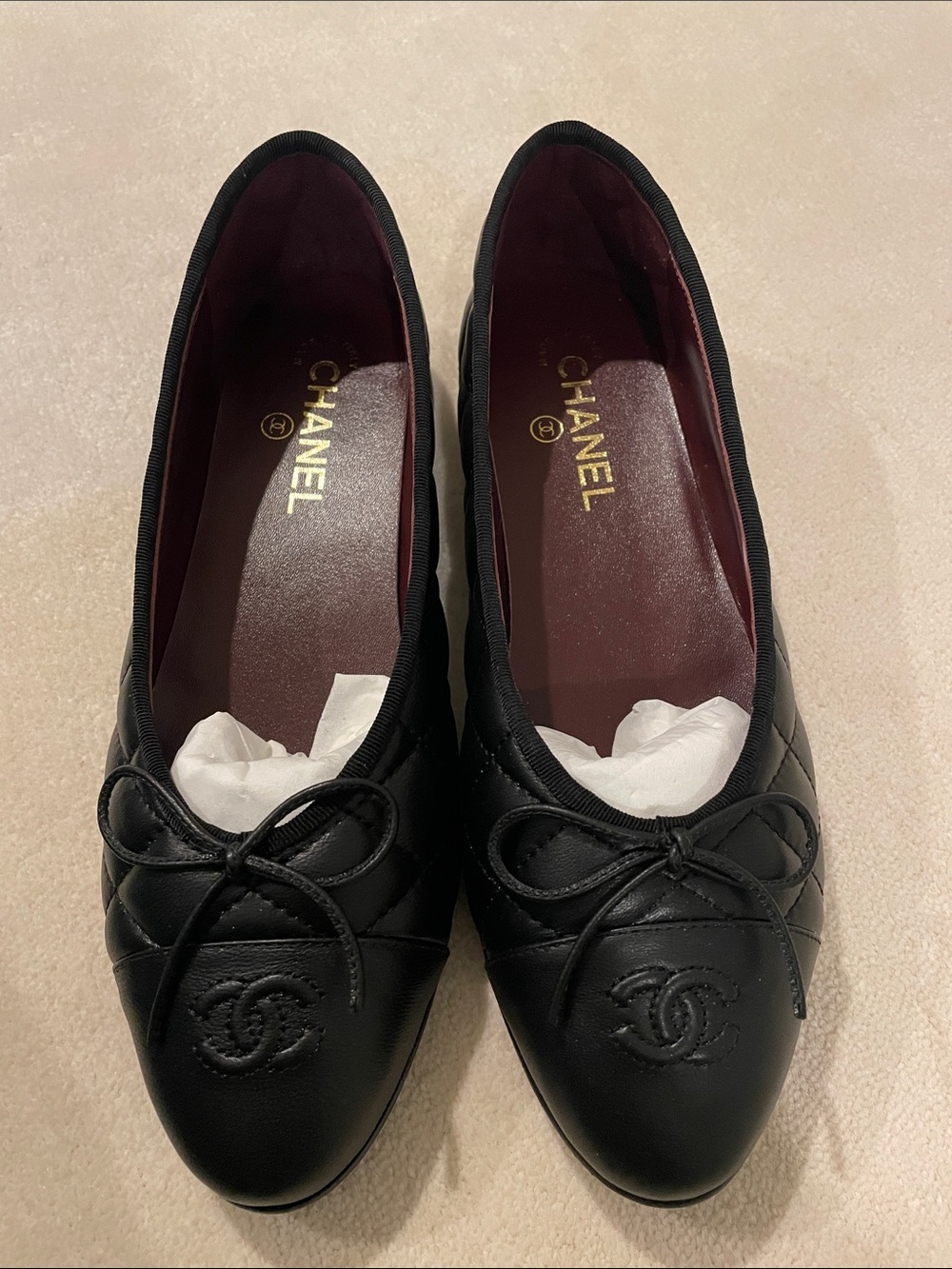 CHANEL Black Quilted Leather Ballet Flats with Bow